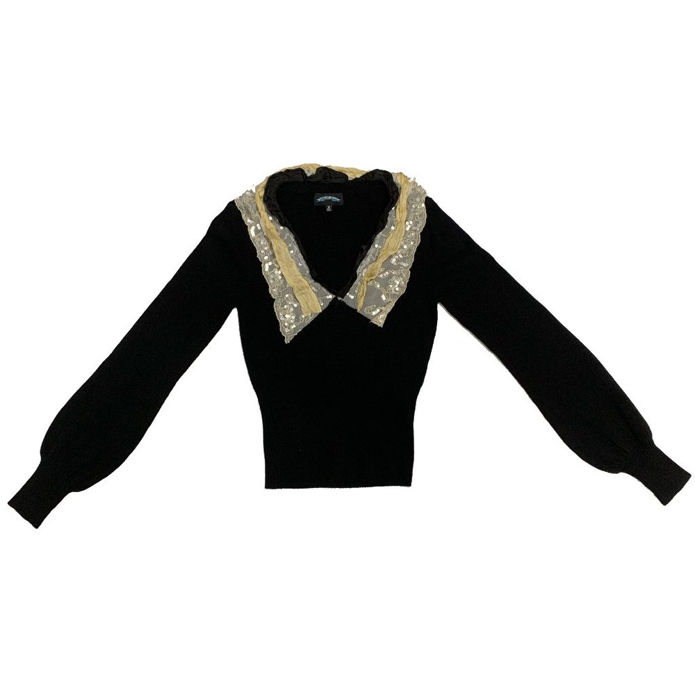TTE Cashmere V-Neck Sweater with Lace/Sequin Collar - Black
